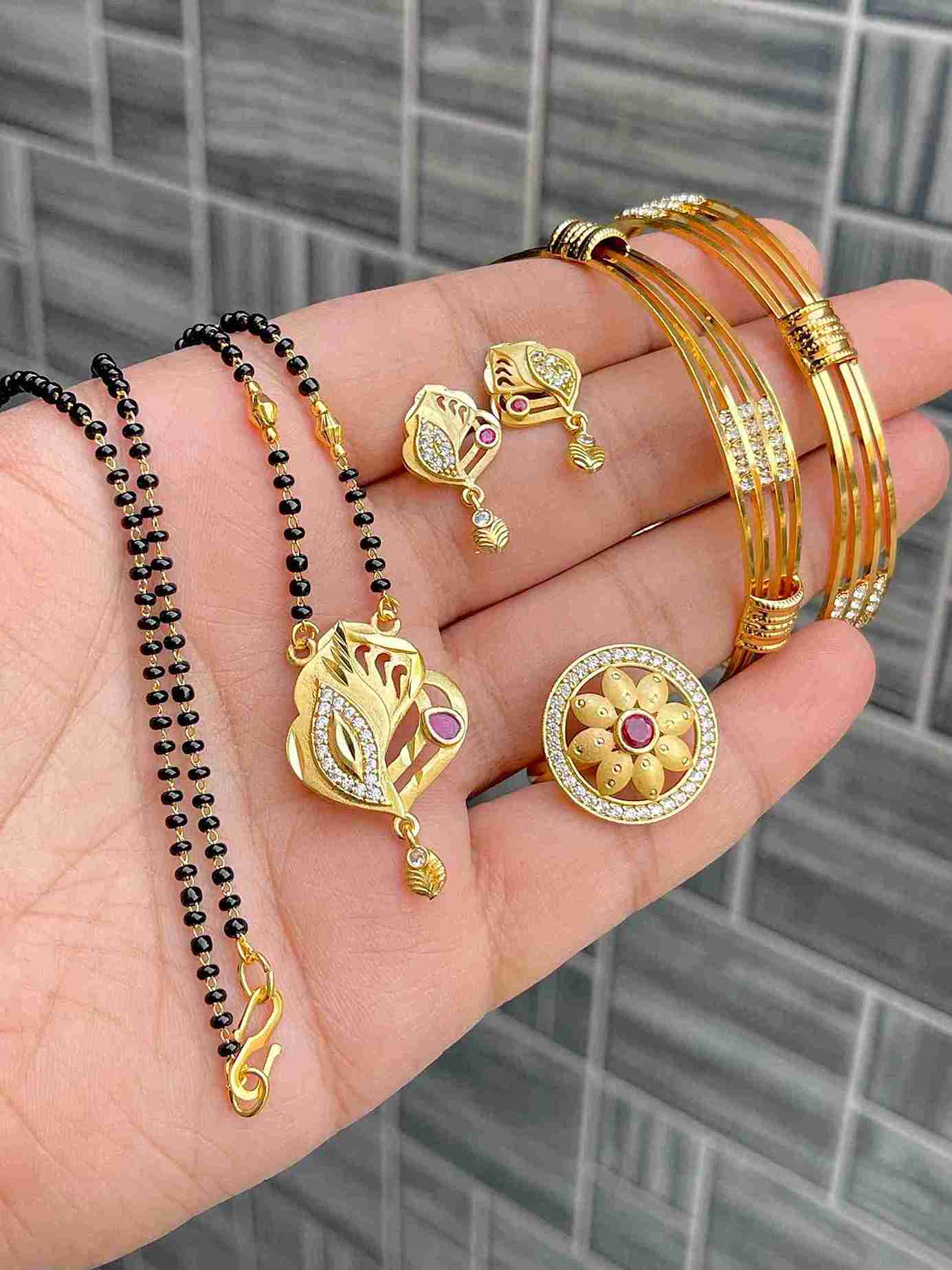 Gold Plated Mangalsutra With Tops Ad Adjustable Ring With Bangle Combo